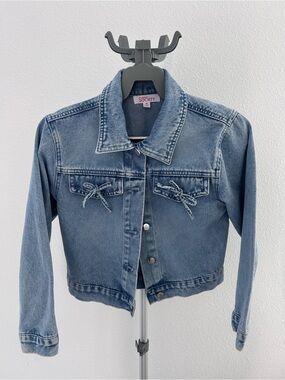 Society Light Blue Denim Cropped Jean Jacket with Pocket Bows
